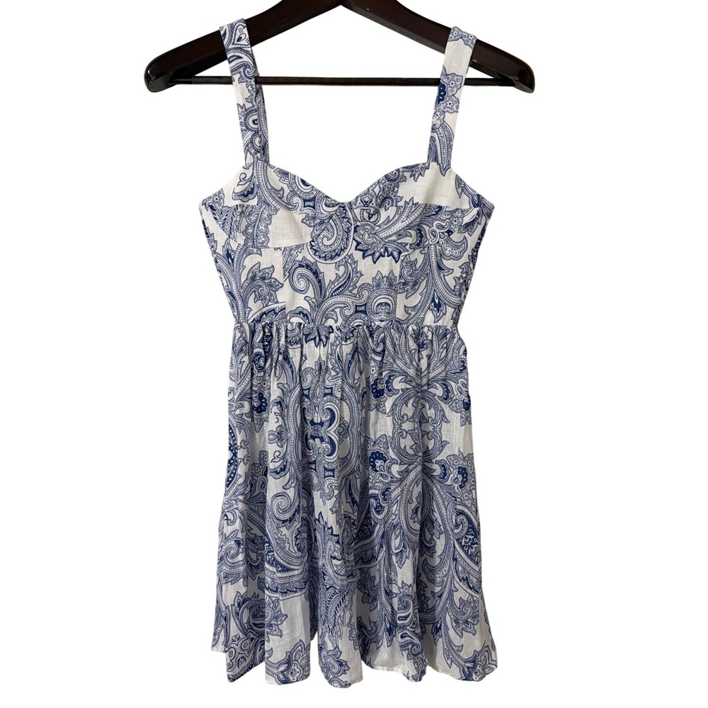 Zara Blue White Paisley Linen Blend Mini‎ Dress XS NWT Summer Vacation